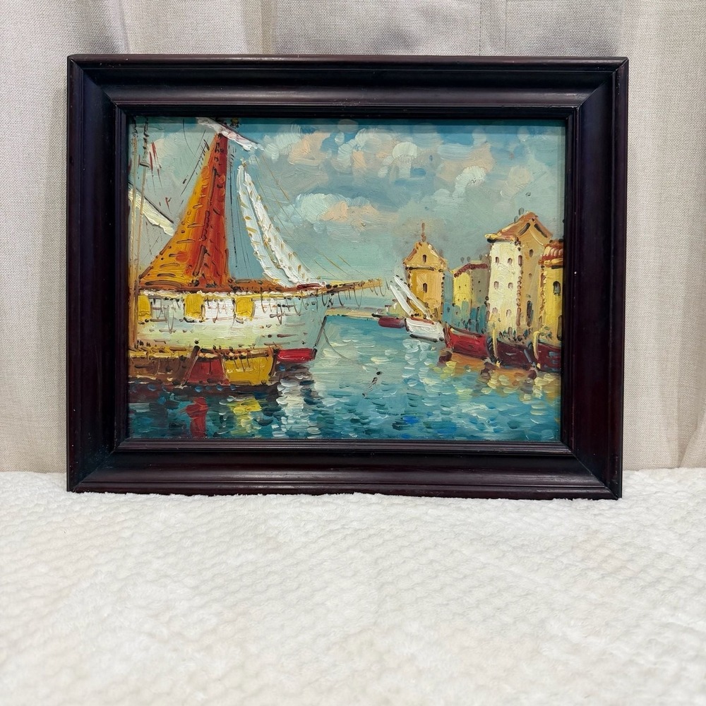 Mediterranean Coastal‎ Harbor Scene Oil Painting